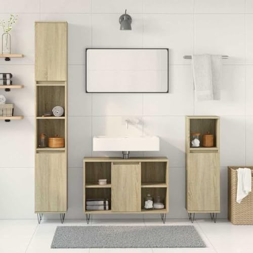 HEFZGDB 3-TLG. Badmöbel-Set Sonoma-Eiche Holzwerkstoff Küchenschränke Badschrank Klein Bathroom Cabinet Küchenschrank für Gästezimmer Wohnbereich Badezimmer Toilette von HEFZGDB