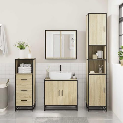 HEFZGDB 3-TLG. Badmöbel-Set Sonoma-Eiche Holzwerkstoff Sideboard Badschrank Klein Badezimmerschränke Medikamentenschrank für Wohnbereich Badezimmer Küche Toilette von HEFZGDB