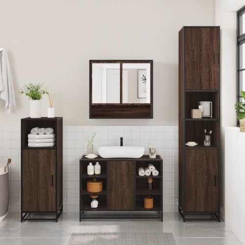 HEFZGDB 4-TLG. Badmöbel-Set Braun Eichen-Optik Holzwerkstoff Büroschrank Badschrank Klein Schuhschrank Kleines Schränkchen für Wohnbereich Toilette Badezimmer Küche von HEFZGDB