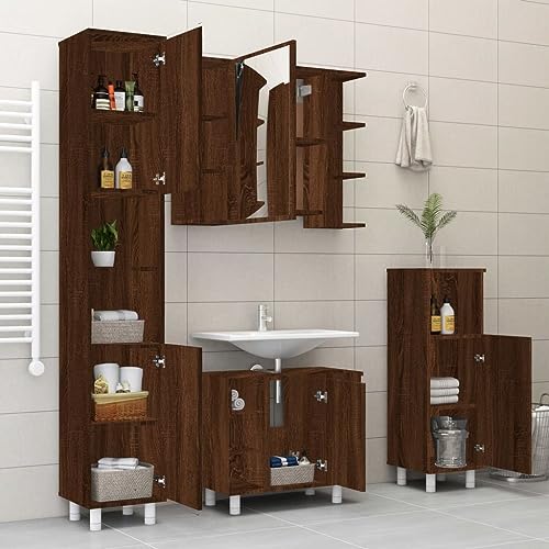 HEFZGDB 4-TLG. Badmöbel-Set Braun Eichen-Optik Holzwerkstoff Kleines Schränkchen Badezimmerschrank Apothekerschrank Küche Badezimmerunterschrank für Küche Toilette Wohnbereich Badezimmer von HEFZGDB