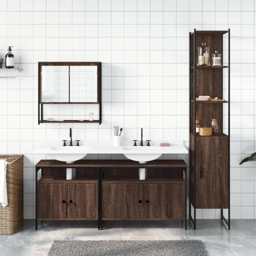 HEFZGDB 4-TLG. Badmöbel-Set Braun Eichen-Optik Holzwerkstoff Kleines Schränkchen Medizinschrank Bathroom Cabinet Badezimmerunterschrank für Wohnbereich Badezimmer Gästezimmer Toilette von HEFZGDB