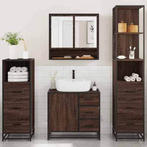 HEFZGDB 4-TLG. Badmöbel-Set Braun Eichen-Optik Holzwerkstoff Sideboard Badschrank Klein Schuhschrank Kleiner Schrank für Küche Wohnbereich Gästezimmer Toilette von HEFZGDB