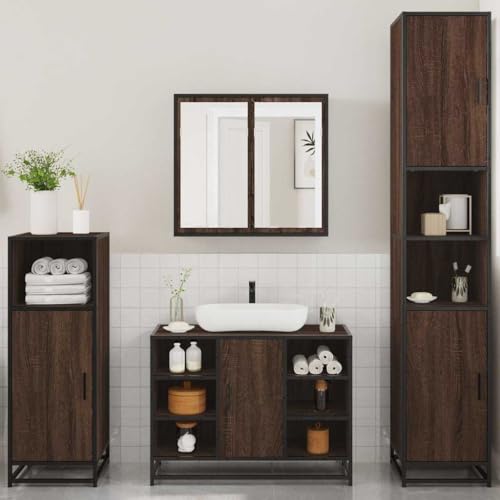 HEFZGDB 4-TLG. Badmöbel-Set Braun Eichen-Optik Holzwerkstoff Sideboard Schuhschrank Medizinschrank Badezimmerunterschrank für Wohnbereich Gästezimmer Badezimmer Toilette von HEFZGDB
