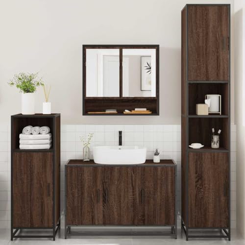 HEFZGDB 4-TLG. Badmöbel-Set Braun Eichen-Optik Holzwerkstoff Vorratsschrank Medizinschrank Bathroom Cabinet Badezimmerschränke für Badezimmer Wohnbereich Gästezimmer Küche von HEFZGDB