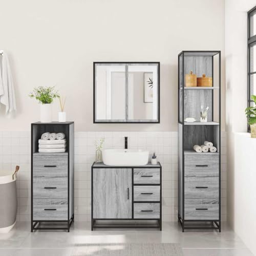 HEFZGDB 4-TLG. Badmöbel-Set Grau Sonoma Holzwerkstoff Sideboard Badschrank Klein Badezimmerschränke Medikamentenschrank für Toilette Gästezimmer Küche Wohnbereich von HEFZGDB