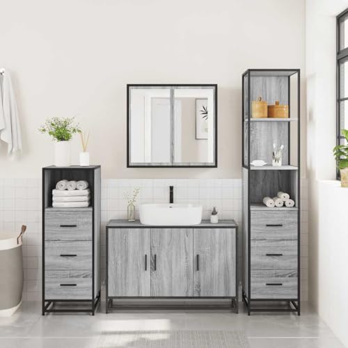 HEFZGDB 4-TLG. Badmöbel-Set Grau Sonoma Holzwerkstoff Sideboard Bathroom Cabinet Badezimmerschränke Medikamenten Aufbewahrung für Toilette Wohnbereich Gästezimmer Badezimmer von HEFZGDB