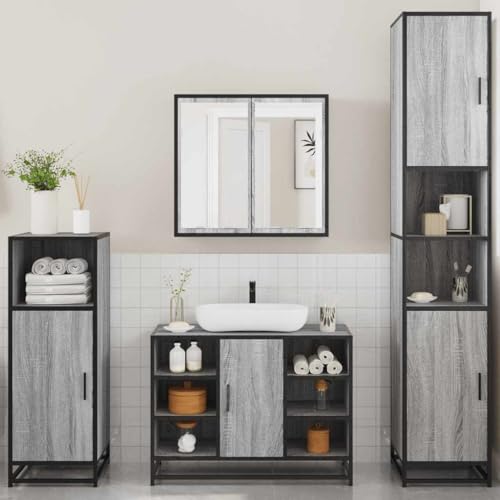 HEFZGDB 4-TLG. Badmöbel-Set Grau Sonoma Holzwerkstoff Sideboard Schuhschrank Medizinschrank Badezimmerunterschrank für Wohnbereich Gästezimmer Badezimmer Toilette von HEFZGDB