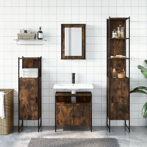 HEFZGDB 4-TLG. Badmöbel-Set Räuchereiche Holzwerkstoff Kleines Schränkchen Badezimmerschrank Apothekerschrank Küche Badezimmerunterschrank für Küche Wohnbereich Gästezimmer Toilette von HEFZGDB