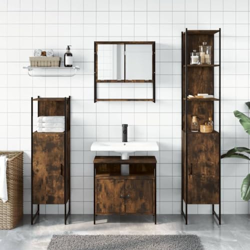 HEFZGDB 4-TLG. Badmöbel-Set Räuchereiche Holzwerkstoff Kleines Schränkchen Badschrank Klein Badezimmerschränke Mehrzweckschrank für Gästezimmer Badezimmer Wohnbereich Toilette von HEFZGDB