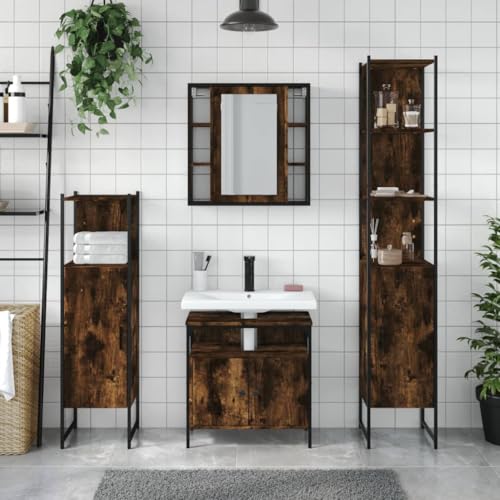 HEFZGDB 4-TLG. Badmöbel-Set Räuchereiche Holzwerkstoff Mehrzweckschrank Bathroom Cabinet Badezimmerschränke Badezimmerunterschrank für Küche Wohnbereich Toilette Gästezimmer von HEFZGDB