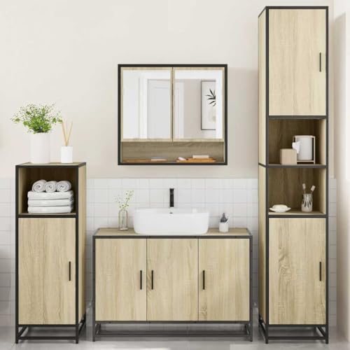 HEFZGDB 4-TLG. Badmöbel-Set Sonoma-Eiche Holzwerkstoff Vorratsschrank Medizinschrank Bathroom Cabinet Badezimmerschränke für Badezimmer Wohnbereich Gästezimmer Küche von HEFZGDB