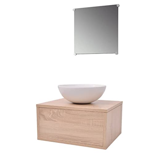 HEFZGDB 4-TLG. Badmöbel-Set mit Waschbecken und Wasserhahn Beige Kleines Schränkchen Badschrank Klein Badezimmerschränke Mehrzweckschrank für Badezimmer Wohnbereich Gästezimmer Toilette von HEFZGDB