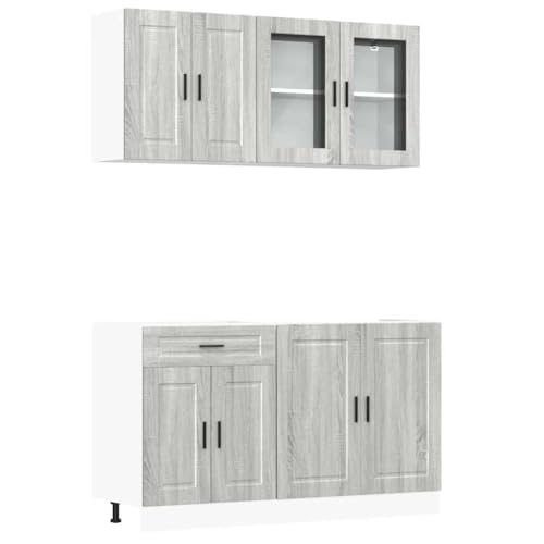 HEFZGDB 4-TLG. Küchenschrank-Set Kalmar Grau Sonoma Holzwerkstoff Barschrank Küchenzeile Küchenmöbel Einzelteile Vitrinenschrank für Wohnbereich Badezimmer Speisesaal Küche von HEFZGDB
