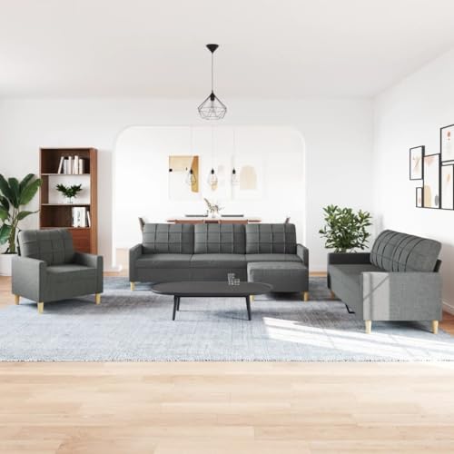 HEFZGDB 4-TLG. Sofagarnitur mit Fußhocker Dunkelgrau Stoff Sitzgarnitur Wohnzimmer Couch Klein Sessel Wohnzimmer Kleiner Sessel für Schlafzimmer Büro Aufenthaltsraum Wohnbereich von HEFZGDB