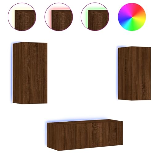 HEFZGDB 4-TLG. Wohnwand mit LED-Beleuchtung Braun Eiche Holzwerkstoff Tv-Schrank Couchtisch Tv Ständer Fernsehtisch für Erholungsraum Gästezimmer Wohnbereich Büro von HEFZGDB