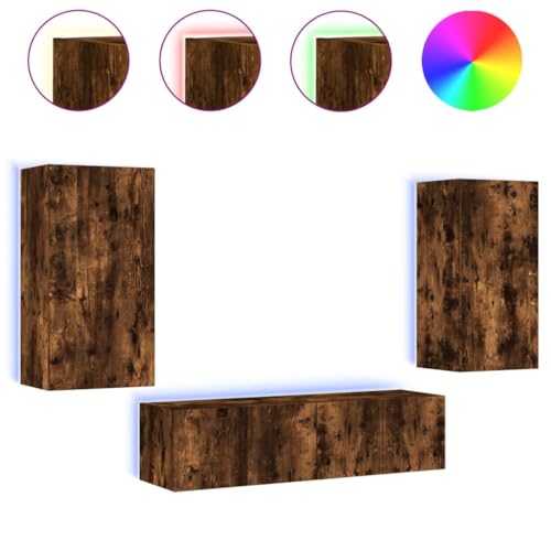 HEFZGDB 4-TLG. Wohnwand mit LED-Beleuchtung Räuchereiche Holzwerkstoff Lowboard Wohnzimmer Fernsehschrank Tv Board Fernsehtisch für Büro Erholungsraum Gästezimmer Schlafzimmer von HEFZGDB