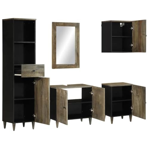 HEFZGDB 5-TLG. Badmöbel-Set Massivholz Mango Vorratsschrank Medizinschrank Bathroom Cabinet Badezimmerschränke für Gästezimmer Wohnbereich Toilette Badezimmer von HEFZGDB