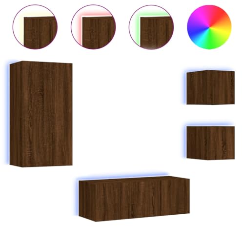 HEFZGDB 5-TLG. Wohnwand mit LED-Beleuchtung Braun Eichen-Optik Fernseher Tisch Modern Beistelltisch Wohnzimmertisch Wohnzimmer Möbel für Schlafzimmer Büro Wohnbereich Gästezimmer von HEFZGDB