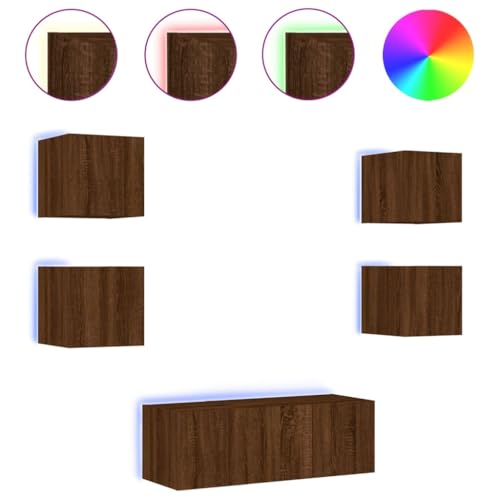 HEFZGDB 6-TLG. Wohnwand mit LED-Beleuchtung Braun Eichen-Optik Tv Tisch Tv Lowboard Beistelltisch Tv Ständer für Schlafzimmer Erholungsraum Gästezimmer Büro von HEFZGDB