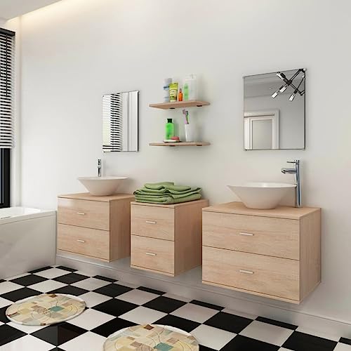 HEFZGDB 9-TLG. Badmöbel-Set mit Waschbecken und Wasserhahn Beige Kleines Schränkchen Badschrank Klein Badezimmerschränke Mehrzweckschrank für Badezimmer Wohnbereich Gästezimmer Toilette von HEFZGDB