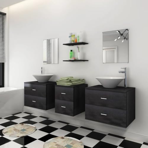 HEFZGDB 9-TLG. Badmöbel-Set mit Waschbecken und Wasserhahn Schwarz Kleines Schränkchen Badschrank Klein Badezimmerschränke Mehrzweckschrank für Badezimmer Wohnbereich Gästezimmer Toilette von HEFZGDB