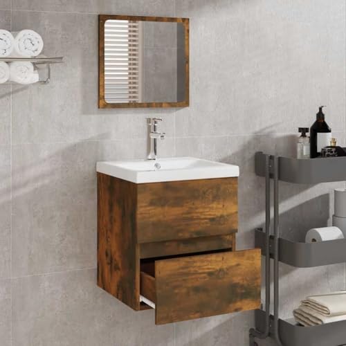HEFZGDB Badschrank mit Spiegel Räuchereiche Holzwerkstoff Büroschrank Medizinschrank Bathroom Cabinet Medikamentenschrank für Badezimmer Küche Wohnbereich Gästezimmer von HEFZGDB