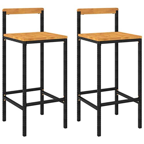 HEFZGDB Barhocker 2 STK. Schwarz Poly Rattan und Massivholz Akazie Arbeitshocker Barhocker Küche Küchenhocker Stuhl Büro für Café Wohnzimmer Gaststätten Bars von HEFZGDB