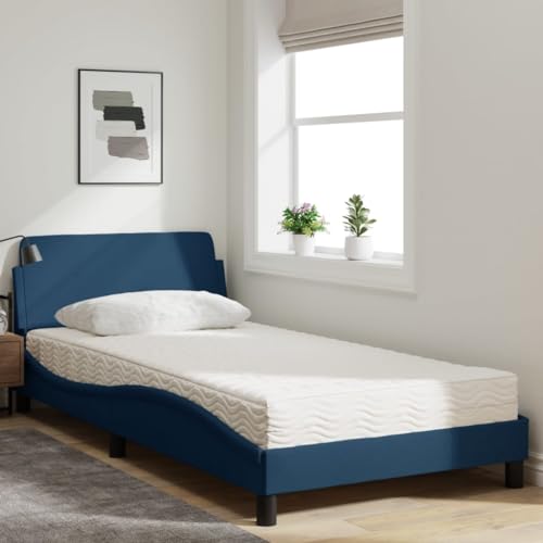 HEFZGDB Bett mit Matratze Blau 100x200 cm Stoff Jugendbett Gästebett Bettgestell Ehebett für Gästezimmer Wohnbereich Herberge Schlafzimmer von HEFZGDB