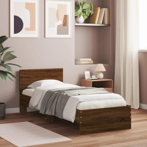 HEFZGDB Bettgestell mit Kopfteil und LED-Leuchten Braun Eiche 90x200 cm Double Bed Gästebett Bettgestell Bettrahmen für Herberge Wohnbereich Gästezimmer Schlafzimmer von HEFZGDB