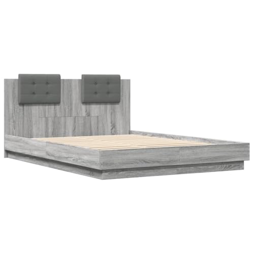 HEFZGDB Bettgestell mit Kopfteil und LED-Leuchten Grau Sonoma 140x200cm Ehebett Gästebett Familienbett Einzelbett für Herberge Schlafzimmer Wohnbereich Gästezimmer von HEFZGDB