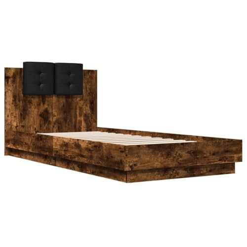 HEFZGDB Bettgestell mit Kopfteil und LED-Leuchten Räuchereiche 90x200cm Ehebett Gästebett Familienbett Einzelbett für Herberge Schlafzimmer Wohnbereich Gästezimmer von HEFZGDB