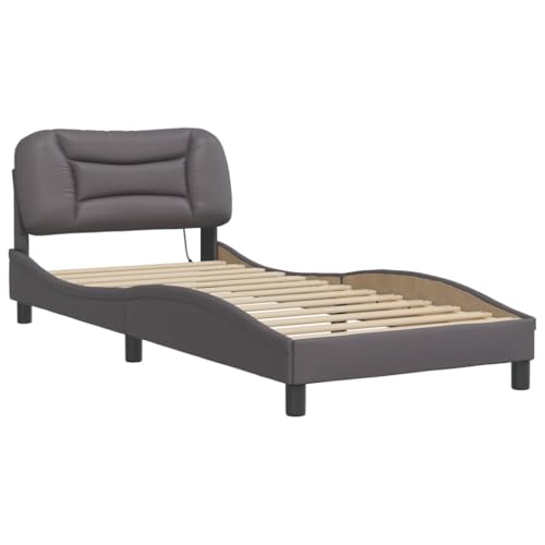 HEFZGDB Bettgestell mit LED Grau 90x190 cm Kunstleder Jugendbett Gästebett Bettgestell Single Bed für Gästezimmer Schlafzimmer Herberge Wohnbereich von HEFZGDB
