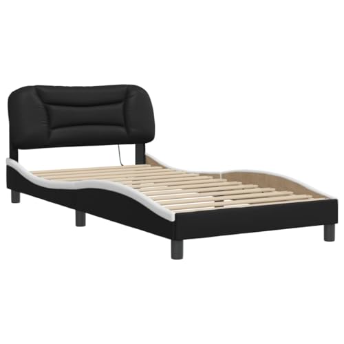 HEFZGDB Bettgestell mit LED Schwarz und Weiß 100x200 cm Kunstleder Jugendbett Gästebett Bettgestell Single Bed für Gästezimmer Schlafzimmer Herberge Wohnbereich von HEFZGDB