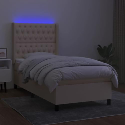 HEFZGDB Boxspringbett mit Matratze & LED Creme 90x190 cm Stoff Ehebett Bettgestell Einzelbetten Doppelbett für Gästezimmer Wohnbereich Herberge Schlafzimmer von HEFZGDB