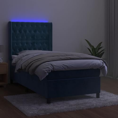 HEFZGDB Boxspringbett mit Matratze & LED Dunkelblau 90x200 cm Samt Ehebett Gästebett Bed Frame Single Bed für Herberge Wohnbereich Schlafzimmer Gästezimmer von HEFZGDB