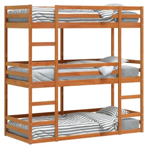 HEFZGDB Dreifach-Etagenbett Wachsbraun 80x200 cm Massivholz Kiefer Jugendbett Gästebett Familienbett Einzelbett für Wohnbereich Schlafzimmer Gästezimmer Herberge von HEFZGDB