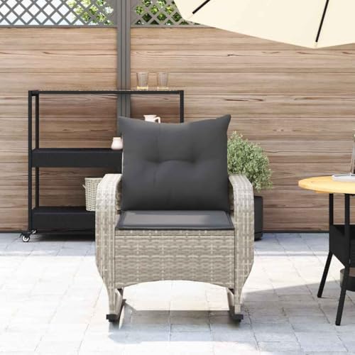 HEFZGDB Garten-Schaukelstuhl mit Kissen Hellgrau Poly Rattan Balkonstuhl Campingstuhl Camping Chair Gartensessel für Innenhof Garten Terrasse Balkon von HEFZGDB