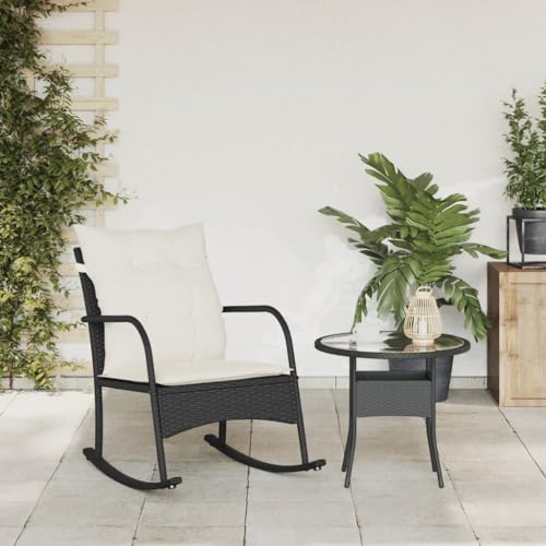 HEFZGDB Garten-Schaukelstuhl mit Kissen Schwarz Poly Rattan Essstuhl Essstühle Seselstuhl Wohnzimmer Gartensessel für Balkon Garten Innenhof Terrasse von HEFZGDB