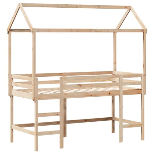 HEFZGDB Hochbett mit Leiter und Dach 90x190 cm Massivholz Kiefer Ehebett Bettgestell Bed Frame Einzelbett für Schlafzimmer Wohnbereich Herberge Gästezimmer von HEFZGDB