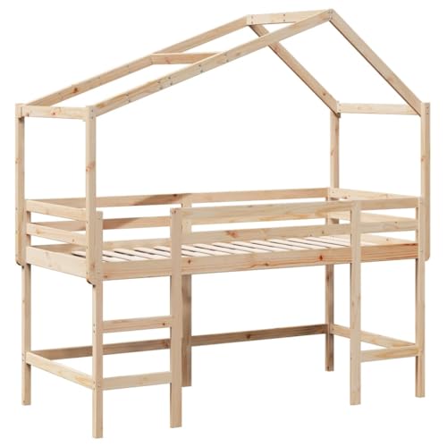 HEFZGDB Hochbett mit Leiter und Dach 90x190 cm Massivholz Kiefer Jugendbett Gästebett Bettgestell Single Bed für Wohnbereich Schlafzimmer Herberge Gästezimmer von HEFZGDB