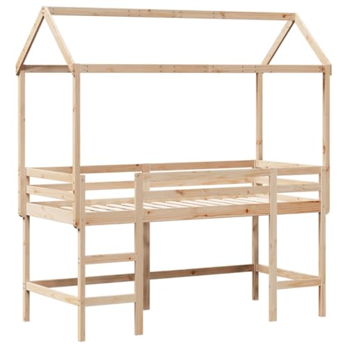 HEFZGDB Hochbett mit Leiter und Dach 90x200 cm Massivholz Kiefer Ehebett Bettgestell Bed Frame Einzelbett für Schlafzimmer Wohnbereich Herberge Gästezimmer von HEFZGDB