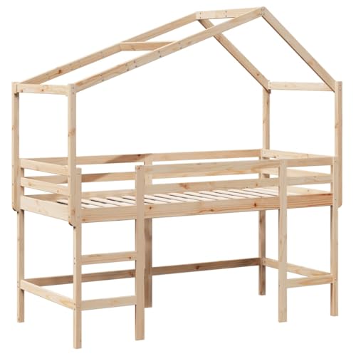 HEFZGDB Hochbett mit Leiter und Dach 90x200 cm Massivholz Kiefer Jugendbett Gästebett Bettgestell Single Bed für Wohnbereich Schlafzimmer Herberge Gästezimmer von HEFZGDB
