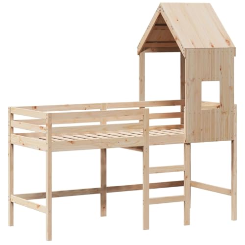 HEFZGDB Hochbett mit Leiter und Dach 90x200 cm Massivholz Kiefer Jugendbett Gästebett Familienbett Bettrahmen für Gästezimmer Herberge Wohnbereich Schlafzimmer von HEFZGDB