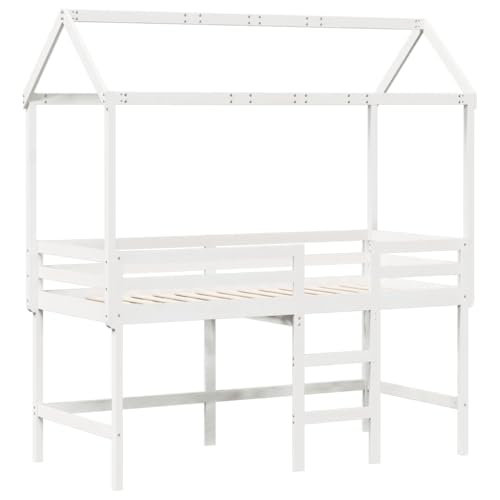 HEFZGDB Hochbett mit Leiter und Dach Weiß 90x190 cm Massivholz Kiefer Bette Gästebett Bed Frame Einzelbetten für Wohnbereich Schlafzimmer Gästezimmer Herberge von HEFZGDB