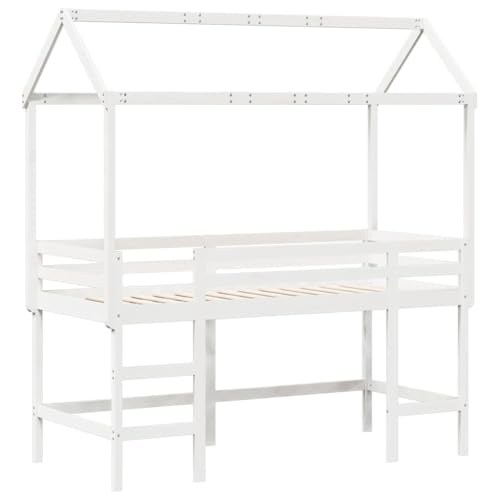 HEFZGDB Hochbett mit Leiter und Dach Weiß 90x190 cm Massivholz Kiefer Ehebett Bettgestell Bed Frame Einzelbett für Schlafzimmer Wohnbereich Herberge Gästezimmer von HEFZGDB