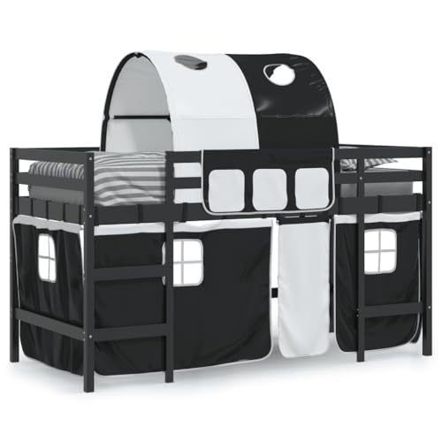 HEFZGDB Kinderhochbett mit Tunnel Weiß & Schwarz 90x200 cm Kiefernholz Jugendbett Bettgestell Bed Frame Einzelbett für Schlafzimmer Wohnbereich Herberge Gästezimmer von HEFZGDB