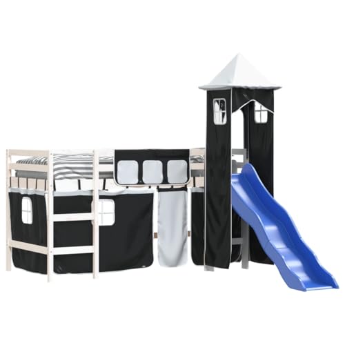 HEFZGDB Kinderhochbett mit Turm Weiß & Schwarz 90x190 cm Kiefernholz Double Bed Bettgestell Bed Frame Einzelbetten für Schlafzimmer Wohnbereich Gästezimmer Herberge von HEFZGDB