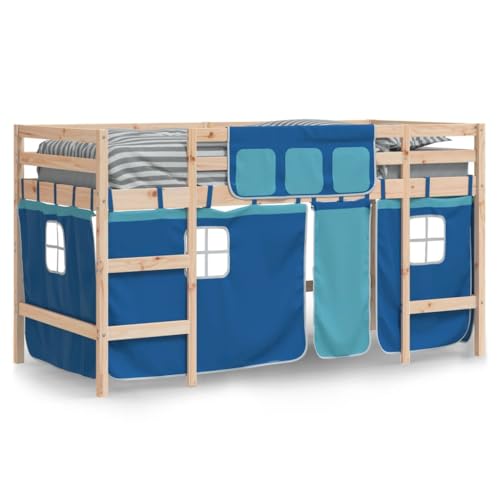 HEFZGDB Kinderhochbett mit Vorhängen Blau 90x190 cm Massivholz Kiefer Bette Gästebett Bed Frame Doppelbett für Gästezimmer Schlafzimmer Wohnbereich Herberge von HEFZGDB