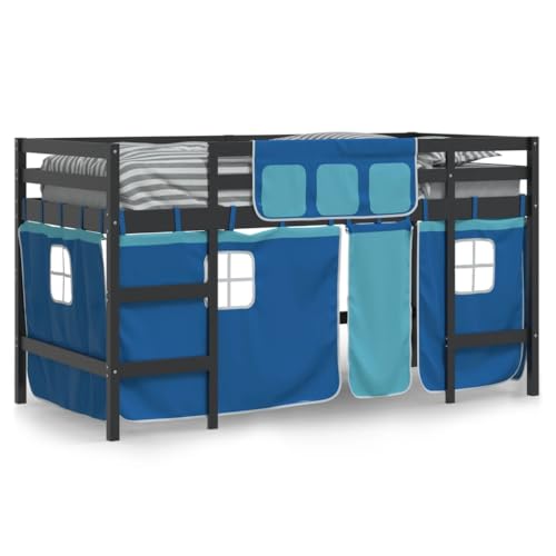 HEFZGDB Kinderhochbett mit Vorhängen Blau 90x200 cm Massivholz Kiefer Bette Gästebett Bed Frame Doppelbett für Gästezimmer Schlafzimmer Wohnbereich Herberge von HEFZGDB