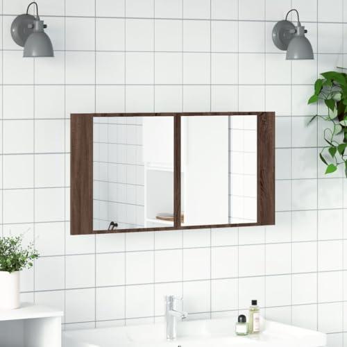 HEFZGDB LED-Spiegelschrank Braun Eichen-Optik 90x12x45 cm Acryl Vorratsschrank Medizinschrank Bathroom Cabinet Badezimmerschränke für Toilette Gästezimmer Wohnbereich Küche von HEFZGDB